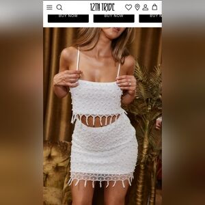 White Beaded Fringe Crop Top and Skirt Set